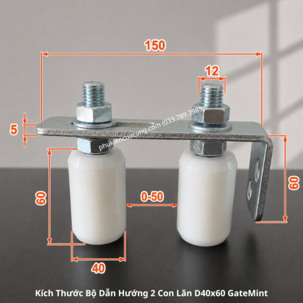 Bộ dẫn hướng cổng lùa 2 con lăn D40x60 GateMint bằng thép mạ kẽm kết hợp con lăn chất liệu nilong cao cấp chống mài mòn giúp cổng trượt vận hành ổn định, giảm rung lắc và chống mài mòn hiệu quả