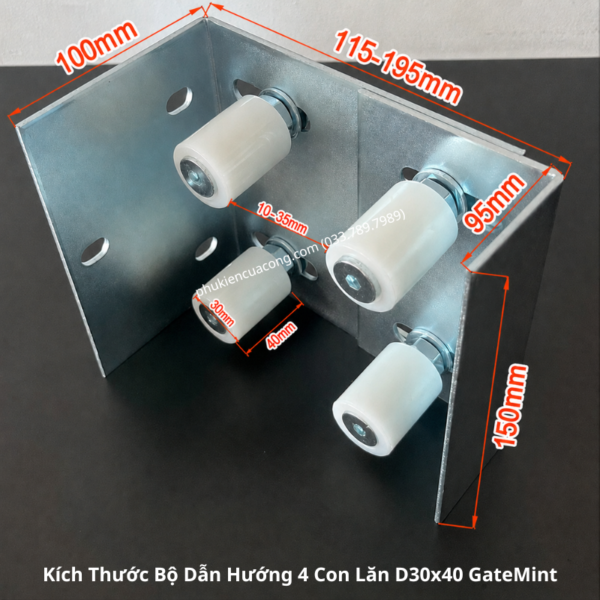 Bộ dẫn hướng cổng lùa 4 con lăn D30x40 Gatemint bằng thép mạ kẽm kết hợp con lăn chất liệu nilong cao cấp chống mài mòn giúp cổng trượt vận hành ổn định, giảm rung lắc và chống mài mòn hiệu quả