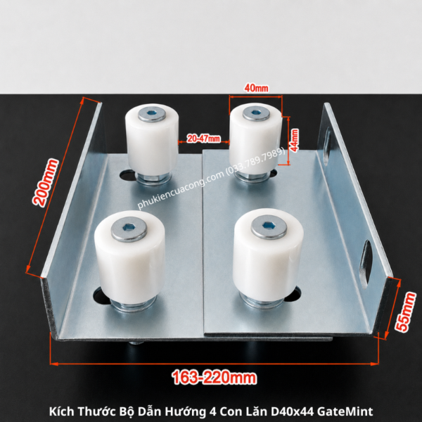 Bộ dẫn hướng cổng lùa 4 con lăn D40x44 GateMint bằng thép mạ kẽm kết hợp con lăn chất liệu nilong cao cấp chống mài mòn giúp cổng trượt vận hành ổn định, giảm rung lắc và chống mài mòn hiệu quả