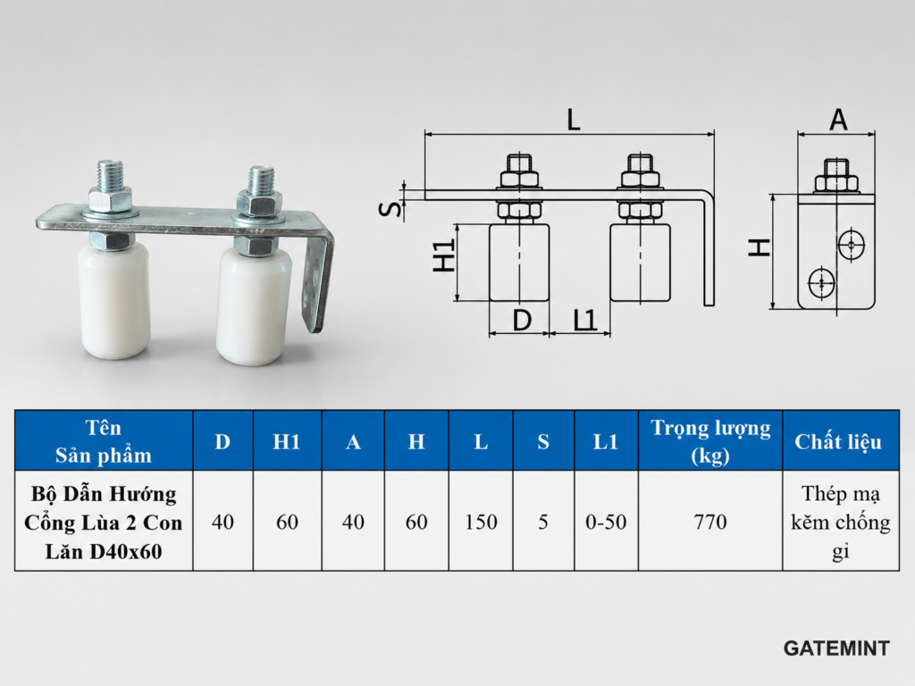 Con Lăn Dẫn Hướng Cổng Lùa D40x60 GateMint giúp dẫn hướng cổng chạy đúng hướng, chất liệu nylong cao cấp chống mài mòn cho cổng vận hành bền bỉ và êm ái, giảm ma sát tiếng ồn