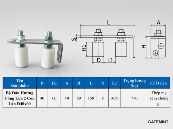 Con Lăn Dẫn Hướng Cổng Lùa D40x60 GateMint giúp dẫn hướng cổng chạy đúng hướng, chất liệu nylong cao cấp chống mài mòn cho cổng vận hành bền bỉ và êm ái, giảm ma sát tiếng ồn