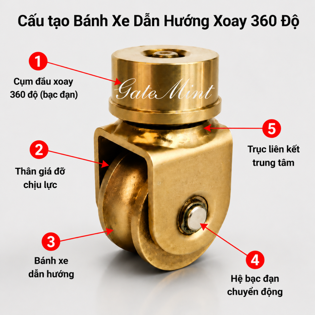 Bánh Xe Dẫn Hướng Cổng Lùa Xoay 360 Độ – phụ kiện cổng lùa bền bỉ, vận hành êm ái, làm từ thép hợp kim chất lượng cao, lý tưởng cho cửa trượt công nghiệp và dân dụng.