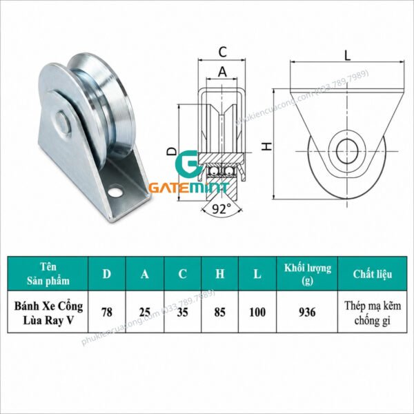 Bánh xe cổng trượt ray V D80 đế gắn nổi chất liệu thép mạ kẽm bạc đạn cao cấp, giúp cổng lùa vận hành êm ái, chịu tải cao và chống mài mòn hiệu quả, chuyên sử dụng cho cổng lùa