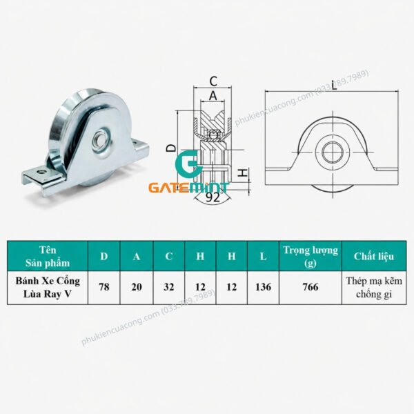 Bánh Xe Cổng Trượt Ray V, D80, Đế Gắn Âm GateMint chất liệu thép mạ kẽm bạc đạn cao cấp, giúp cổng lùa vận hành êm ái, không gây tiếng ốn, chịu tải cao và chống mài mòn hiệu quả, chuyên sử dụng cho cổng lùa