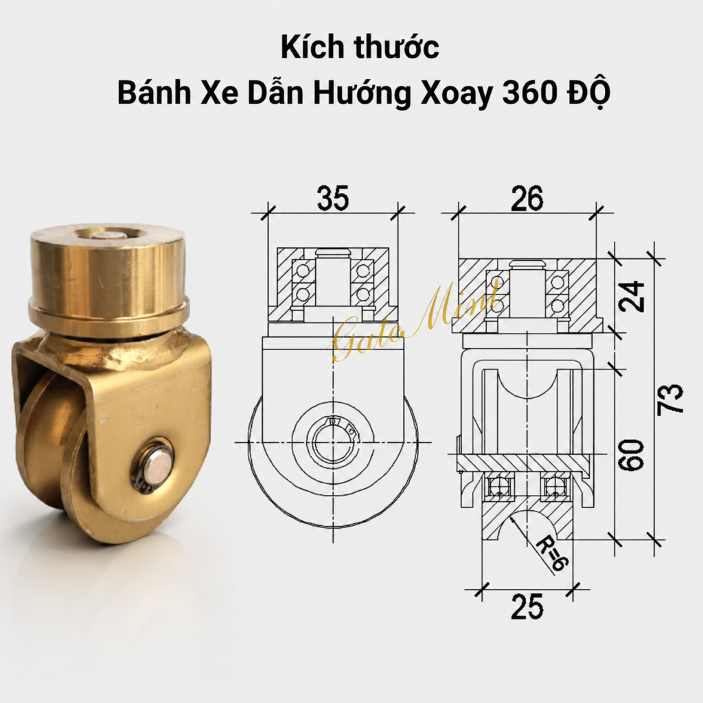 Bánh Xe Dẫn Hướng Cổng Lùa Xoay 360 Độ – phụ kiện cổng lùa bền bỉ, vận hành êm ái, làm từ thép hợp kim chất lượng cao, lý tưởng cho cửa trượt công nghiệp và dân dụng.