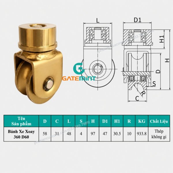 Bánh Xe Xoay 360 Độ Trượt Ray U, D60 thương hiệu GateMint được thiết kế chắc chắn với khả năng xoay linh hoạt, chịu tải cao giúp cổng trượt vận hành ổn định và giảm ma sát hiệu quả chuyên dụng cho cổng lùa cong