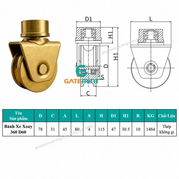 Bánh Xe Xoay 360 Độ Trượt Ray U, D60 thương hiệu GateMint được thiết kế chắc chắn với khả năng xoay linh hoạt, chịu tải cao giúp cổng trượt vận hành ổn định và giảm ma sát hiệu quả chuyên dụng cho cổng lùa cong