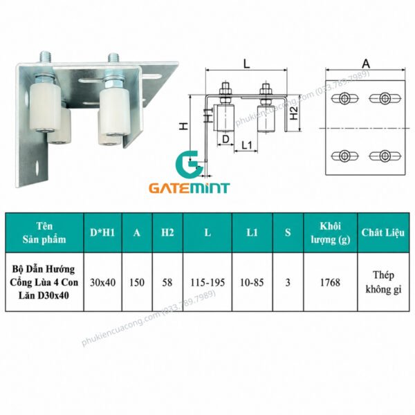 Bộ dẫn hướng cổng lùa 4 con lăn D30x40 Gatemint bằng thép mạ kẽm kết hợp con lăn chất liệu nilong cao cấp chống mài mòn giúp dẫn hướng cổng lùa vận hành ổn định, giảm rung lắc và chống mài mòn hiệu quả