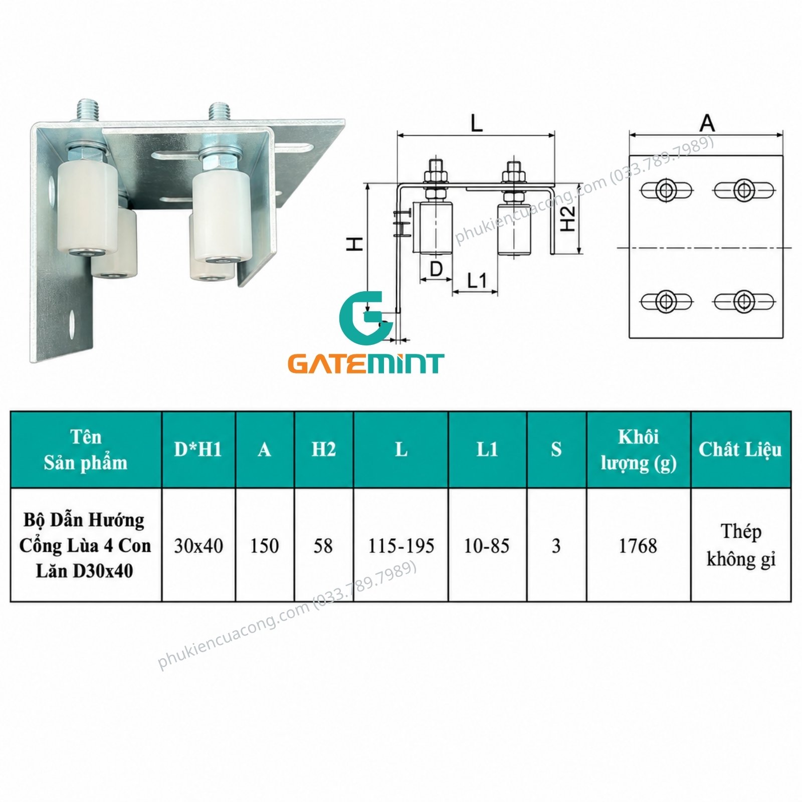 Bộ dẫn hướng cổng lùa 4 con lăn D30x40 Gatemint bằng thép mạ kẽm kết hợp con lăn chất liệu nilong cao cấp chống mài mòn giúp dẫn hướng cổng lùa vận hành ổn định, giảm rung lắc và chống mài mòn hiệu quả