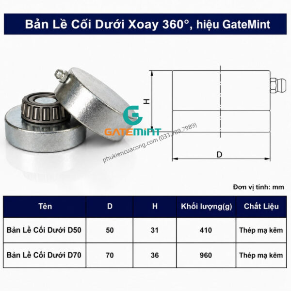 BẢN LỀ CỐI XOAY 360 ĐỘ VÒNG BI CÔN CHỊU TẢI CAO Gatemint vòng bi đũa chuyên dùng cho cổng mở cánh, xoay nhẹ êm, không giới hạn góc mở, giúp giảm tải cho cổng hiệu quả. Phù hợp với tất cả mẫu cổng mở cánh
