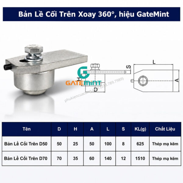 BẢN LỀ CỐI XOAY 360 ĐỘ VÒNG BI CÔN CHỊU TẢI CAO Gatemint vòng bi đũa chuyên dùng cho cổng mở cánh, xoay nhẹ êm, không giới hạn góc mở, giúp giảm tải cho cổng hiệu quả. Phù hợp với tất cả mẫu cổng mở cánh