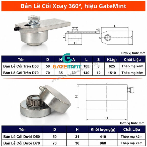 BẢN LỀ CỐI XOAY 360 ĐỘ VÒNG BI CÔN CHỊU TẢI CAO Gatemint vòng bi đũa chuyên dùng cho cổng mở cánh, xoay nhẹ êm, không giới hạn góc mở, giúp giảm tải cho cổng hiệu quả. Phù hợp với tất cả mẫu cổng mở cánh